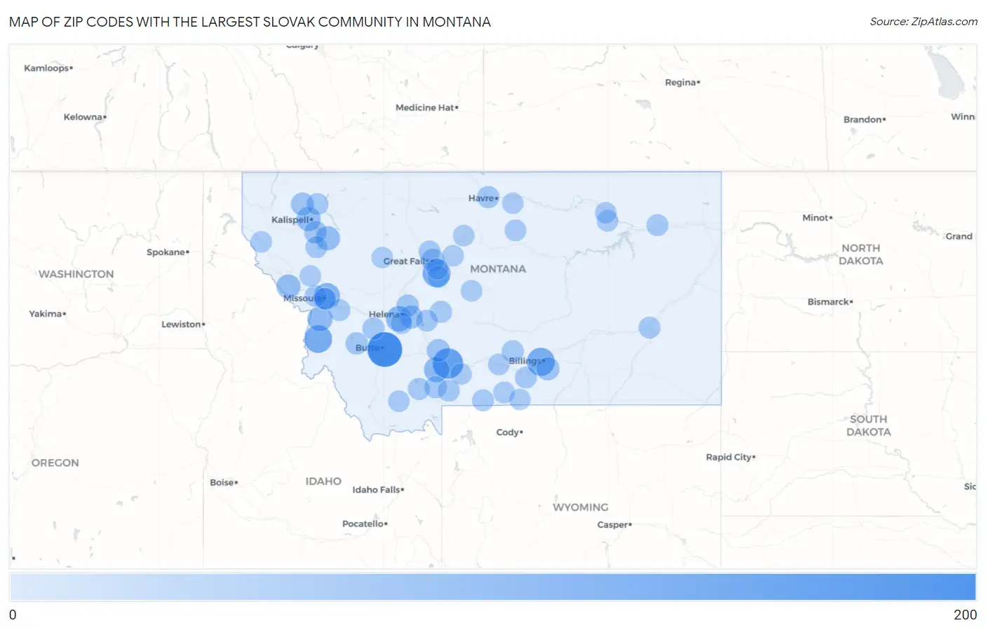 Zip Codes with the Largest Slovak Community in Montana Map