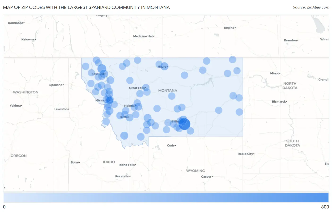 Zip Codes with the Largest Spaniard Community in Montana Map