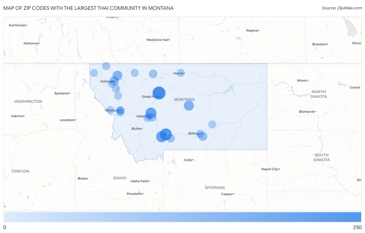 Zip Codes with the Largest Thai Community in Montana Map