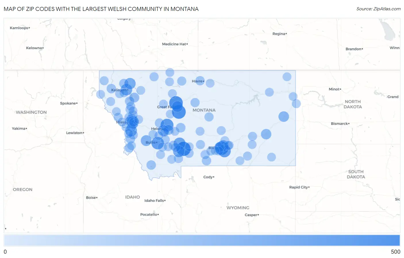 Zip Codes with the Largest Welsh Community in Montana Map