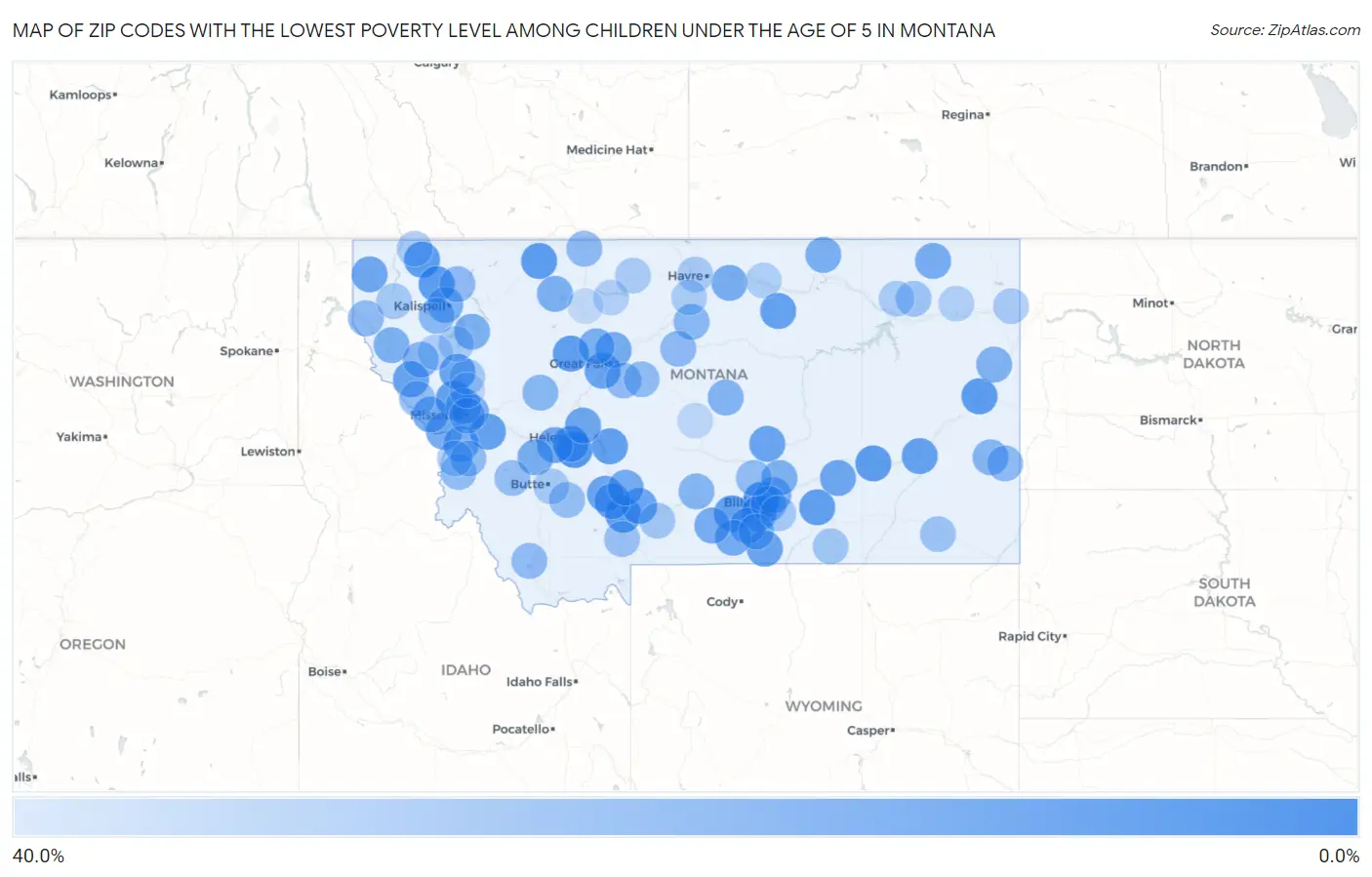 Zip Codes with the Lowest Poverty Level Among Children Under the Age of 5 in Montana Map