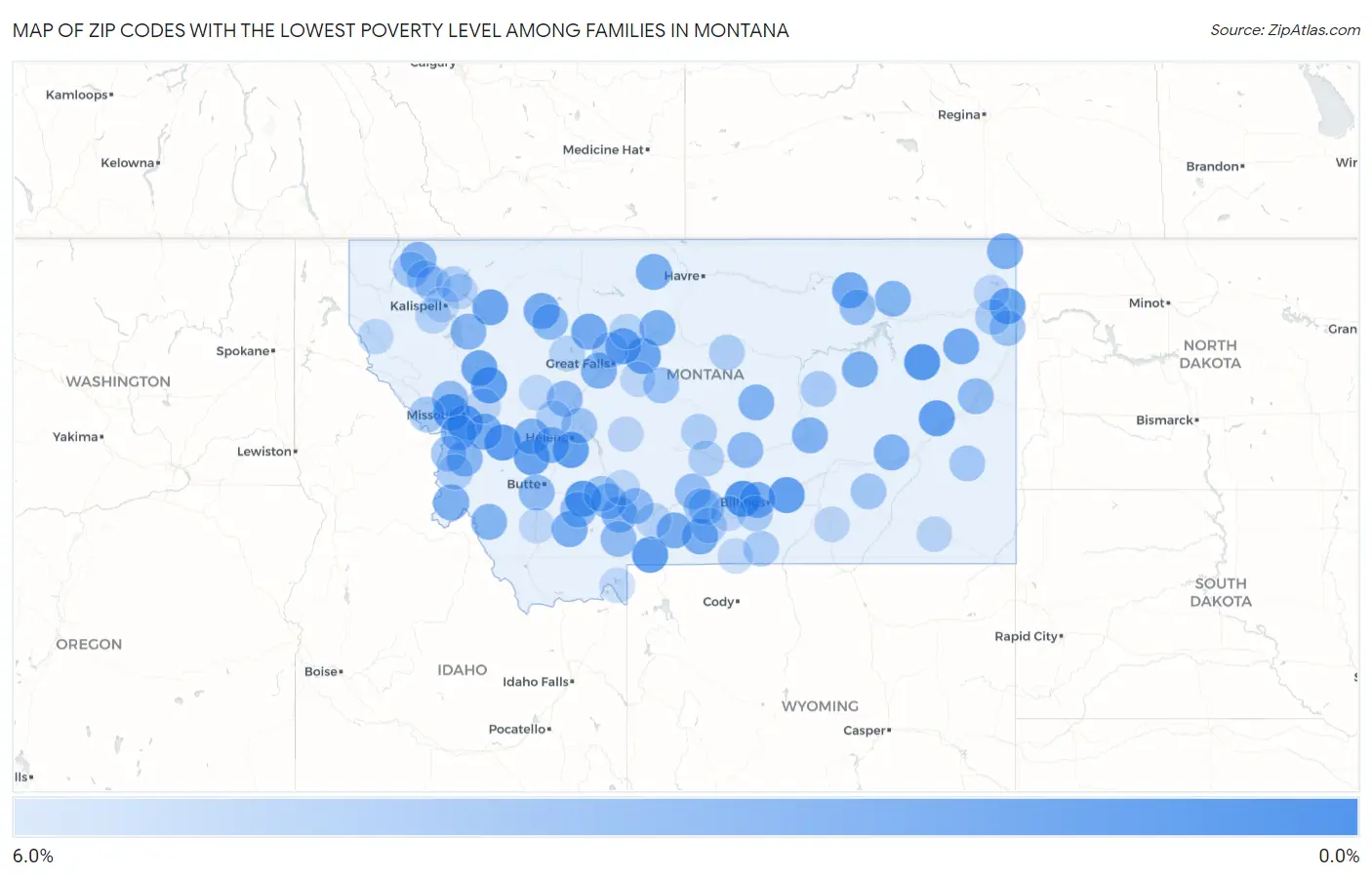 Zip Codes with the Lowest Poverty Level Among Families in Montana Map