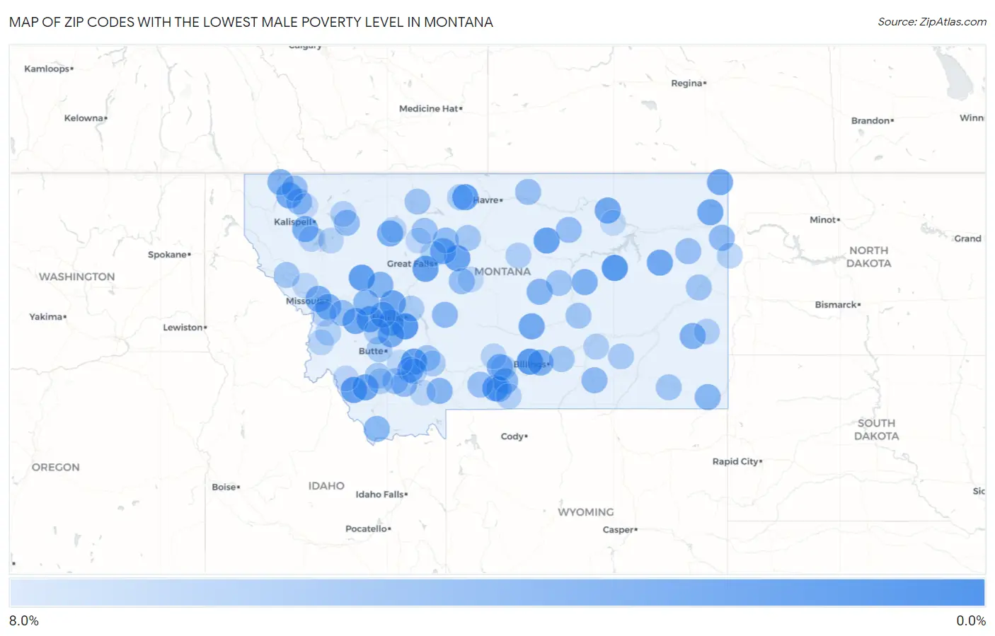 Zip Codes with the Lowest Male Poverty Level in Montana Map