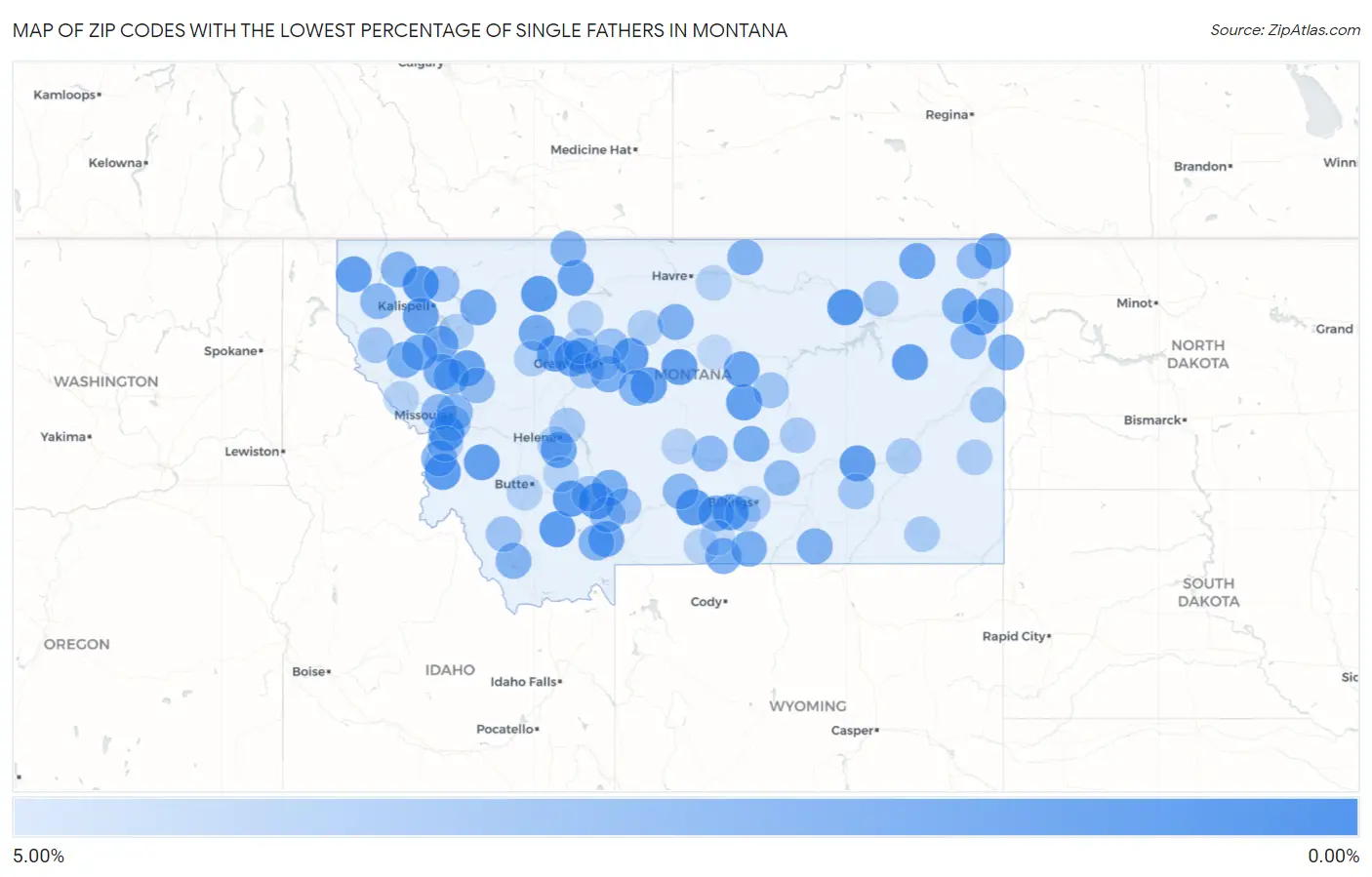 Zip Codes with the Lowest Percentage of Single Fathers in Montana Map