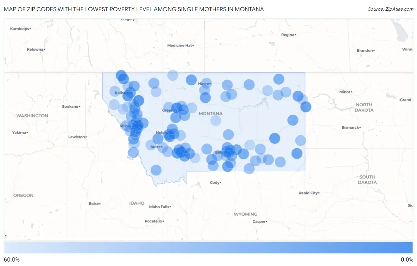 Zip Codes with the Lowest Poverty Level Among Single Mothers in Montana Map