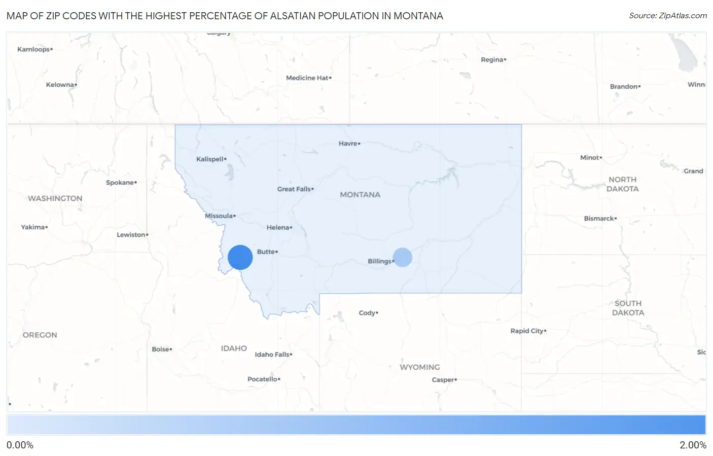 Zip Codes with the Highest Percentage of Alsatian Population in Montana Map