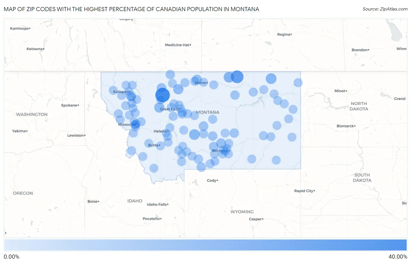 Zip Codes with the Highest Percentage of Canadian Population in Montana Map