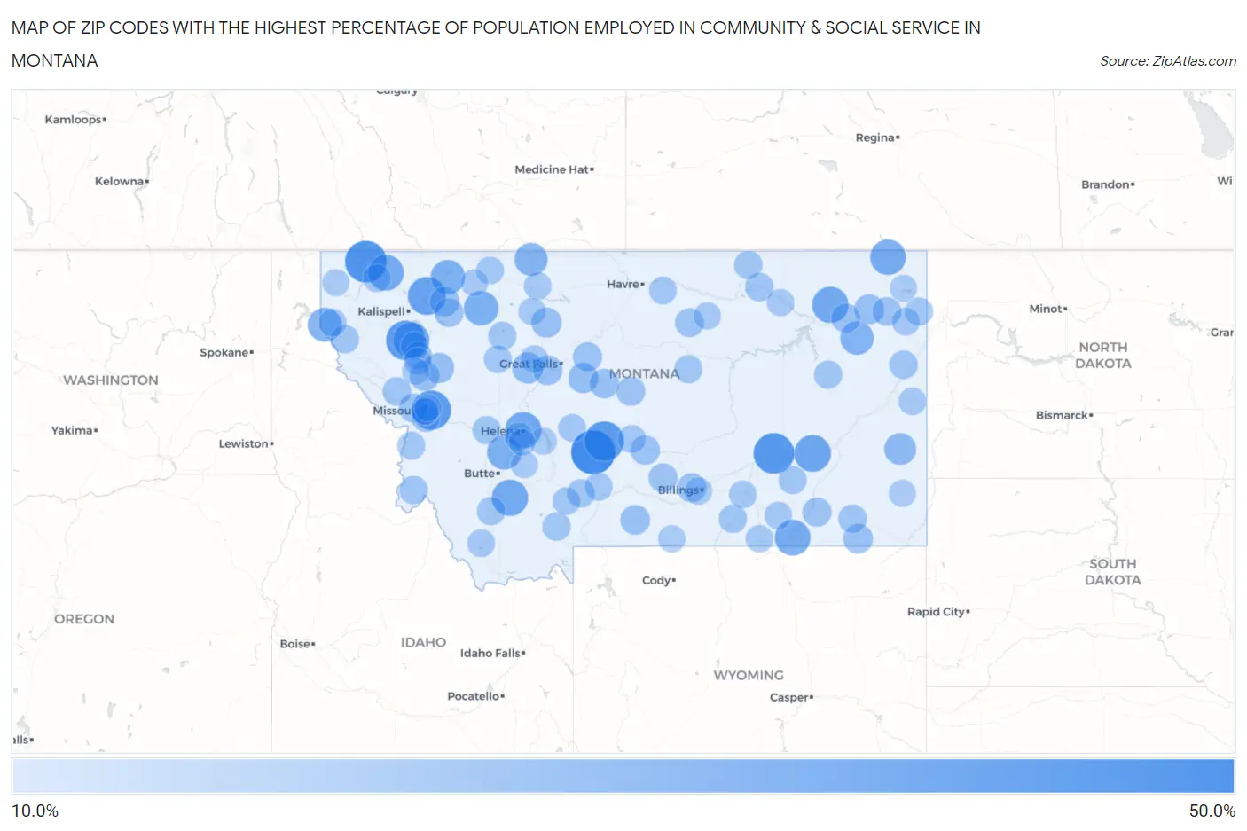 Zip Codes with the Highest Percentage of Population Employed in Community & Social Service  in Montana Map