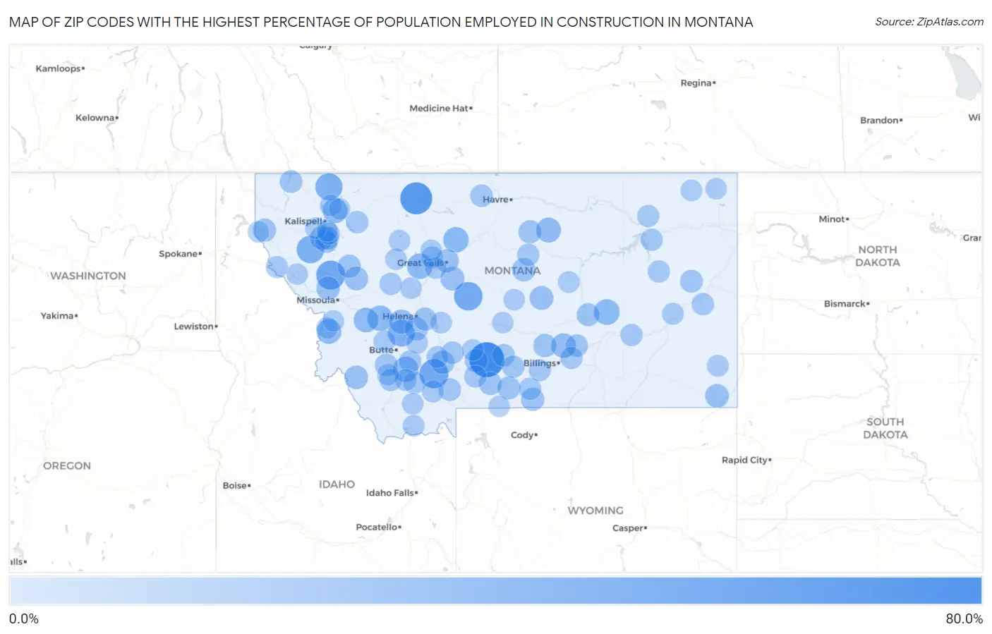 Zip Codes with the Highest Percentage of Population Employed in Construction in Montana Map