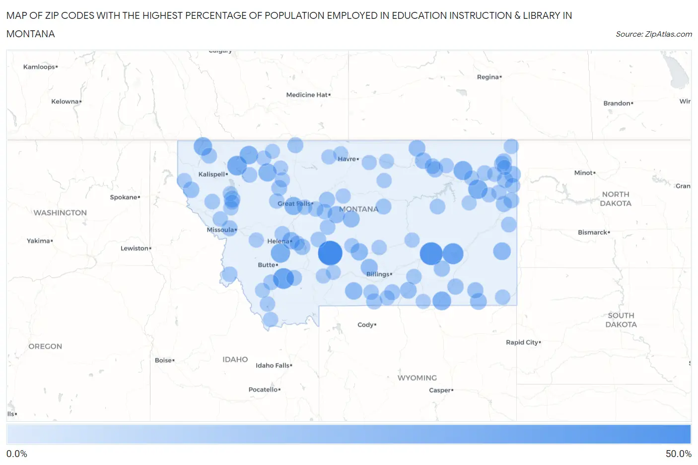 Zip Codes with the Highest Percentage of Population Employed in Education Instruction & Library in Montana Map