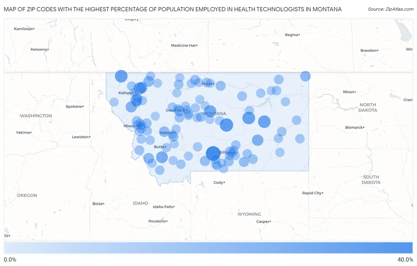 Zip Codes with the Highest Percentage of Population Employed in Health Technologists in Montana Map