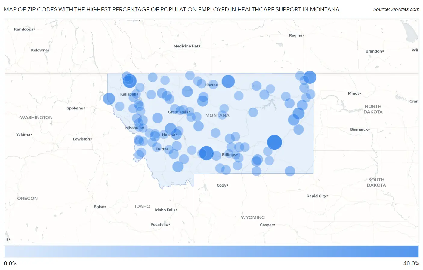Zip Codes with the Highest Percentage of Population Employed in Healthcare Support in Montana Map