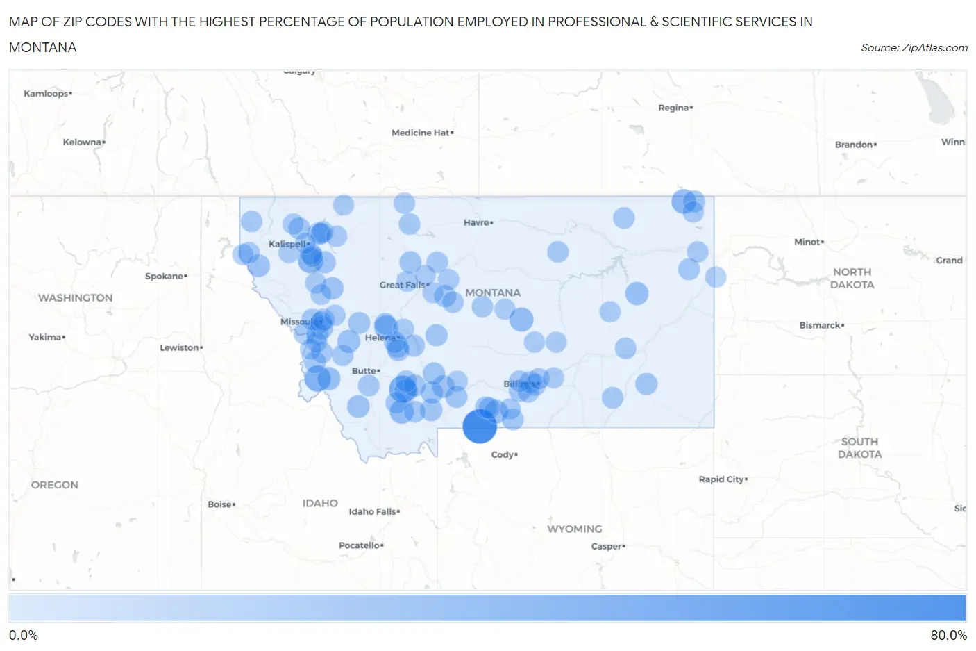 Zip Codes with the Highest Percentage of Population Employed in Professional & Scientific Services in Montana Map