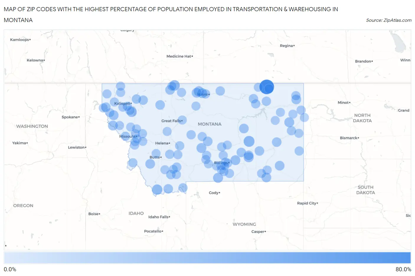 Zip Codes with the Highest Percentage of Population Employed in Transportation & Warehousing in Montana Map