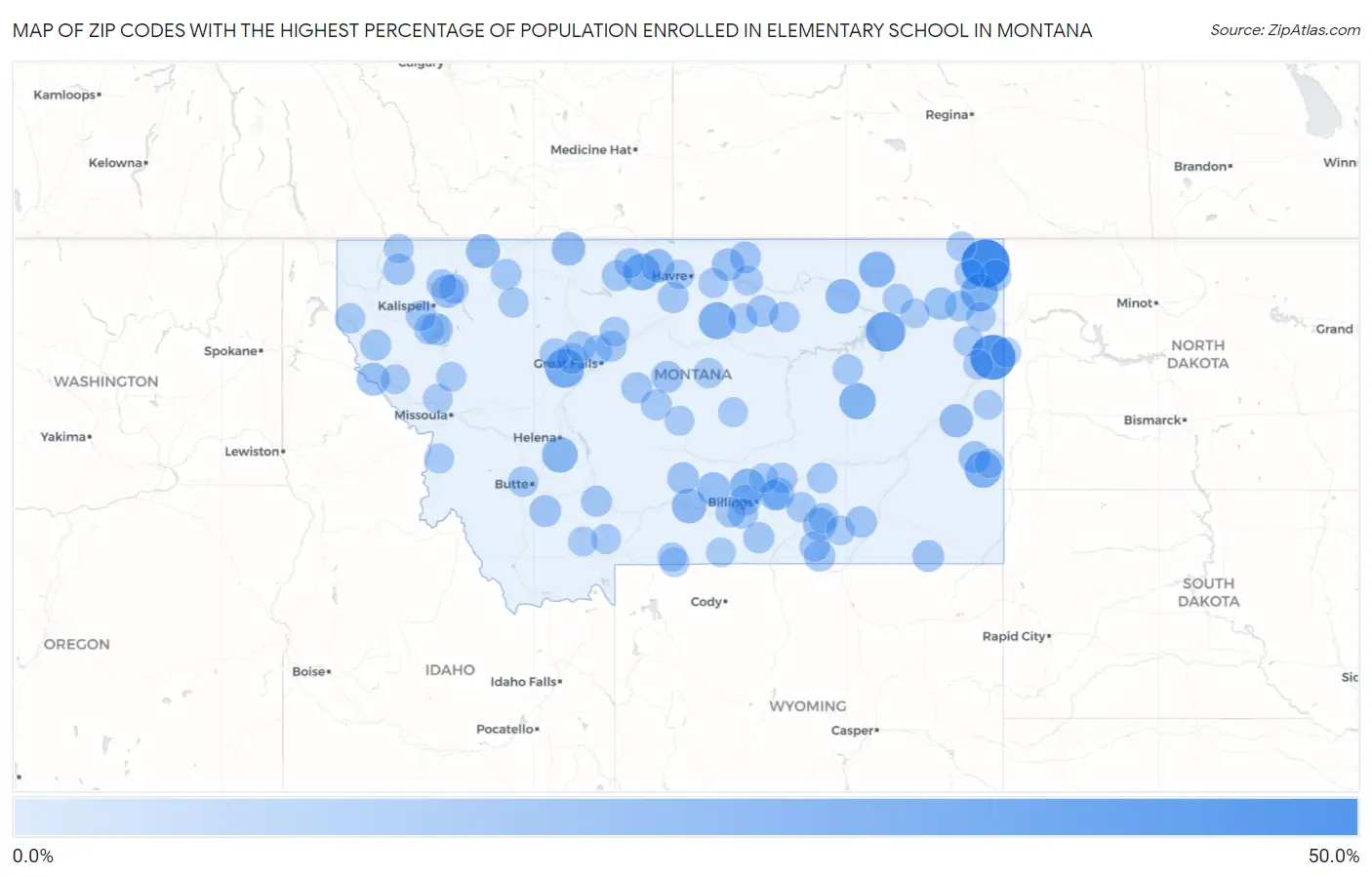 Zip Codes with the Highest Percentage of Population Enrolled in Elementary School in Montana Map