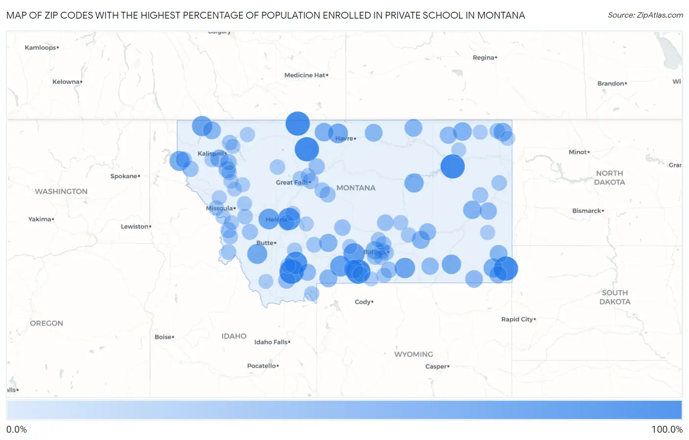 Zip Codes with the Highest Percentage of Population Enrolled in Private School in Montana Map