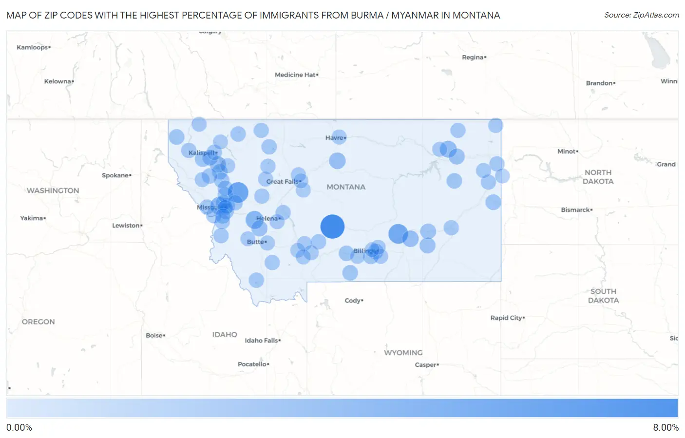 Zip Codes with the Highest Percentage of Immigrants from Burma / Myanmar in Montana Map