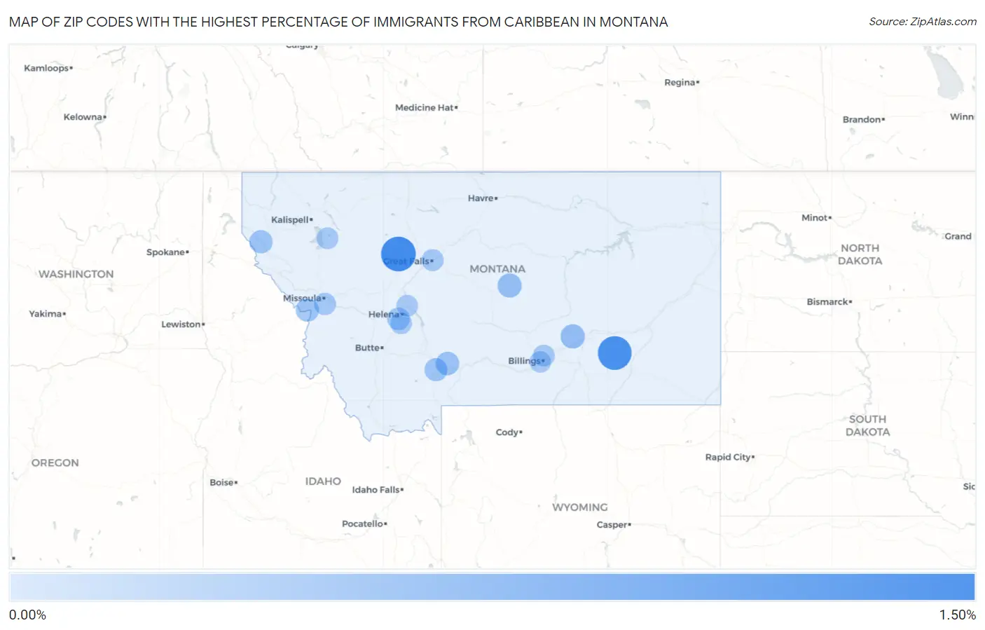 Zip Codes with the Highest Percentage of Immigrants from Caribbean in Montana Map