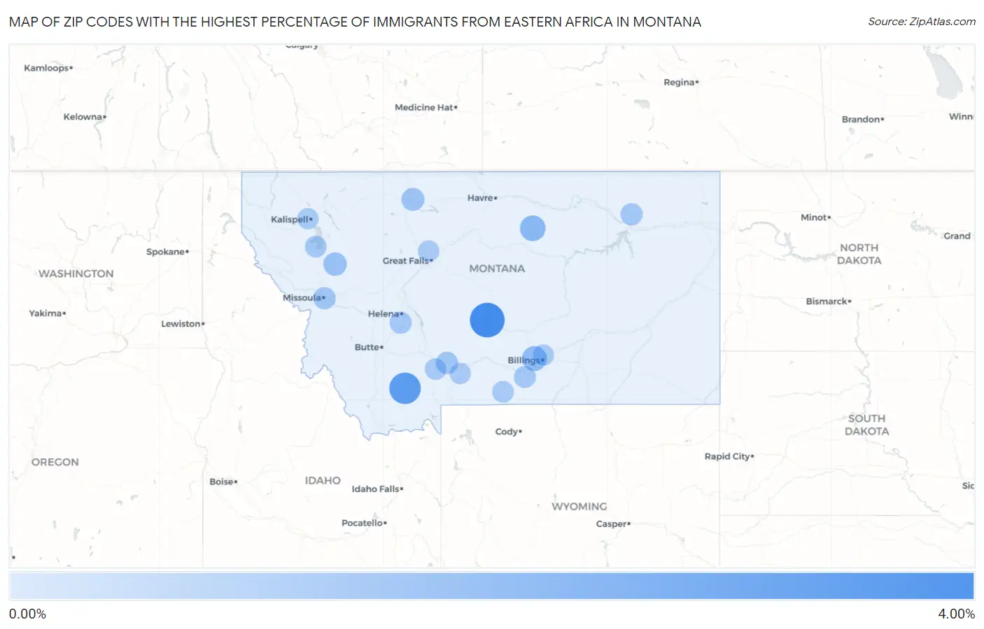 Zip Codes with the Highest Percentage of Immigrants from Eastern Africa in Montana Map