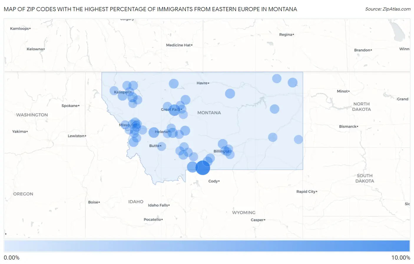 Zip Codes with the Highest Percentage of Immigrants from Eastern Europe in Montana Map