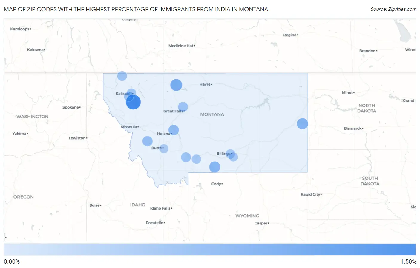 Zip Codes with the Highest Percentage of Immigrants from India in Montana Map