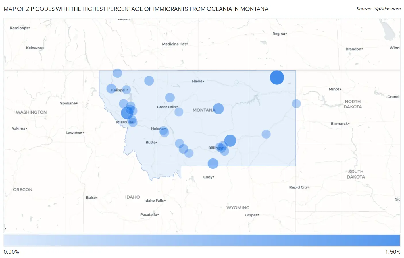 Zip Codes with the Highest Percentage of Immigrants from Oceania in Montana Map
