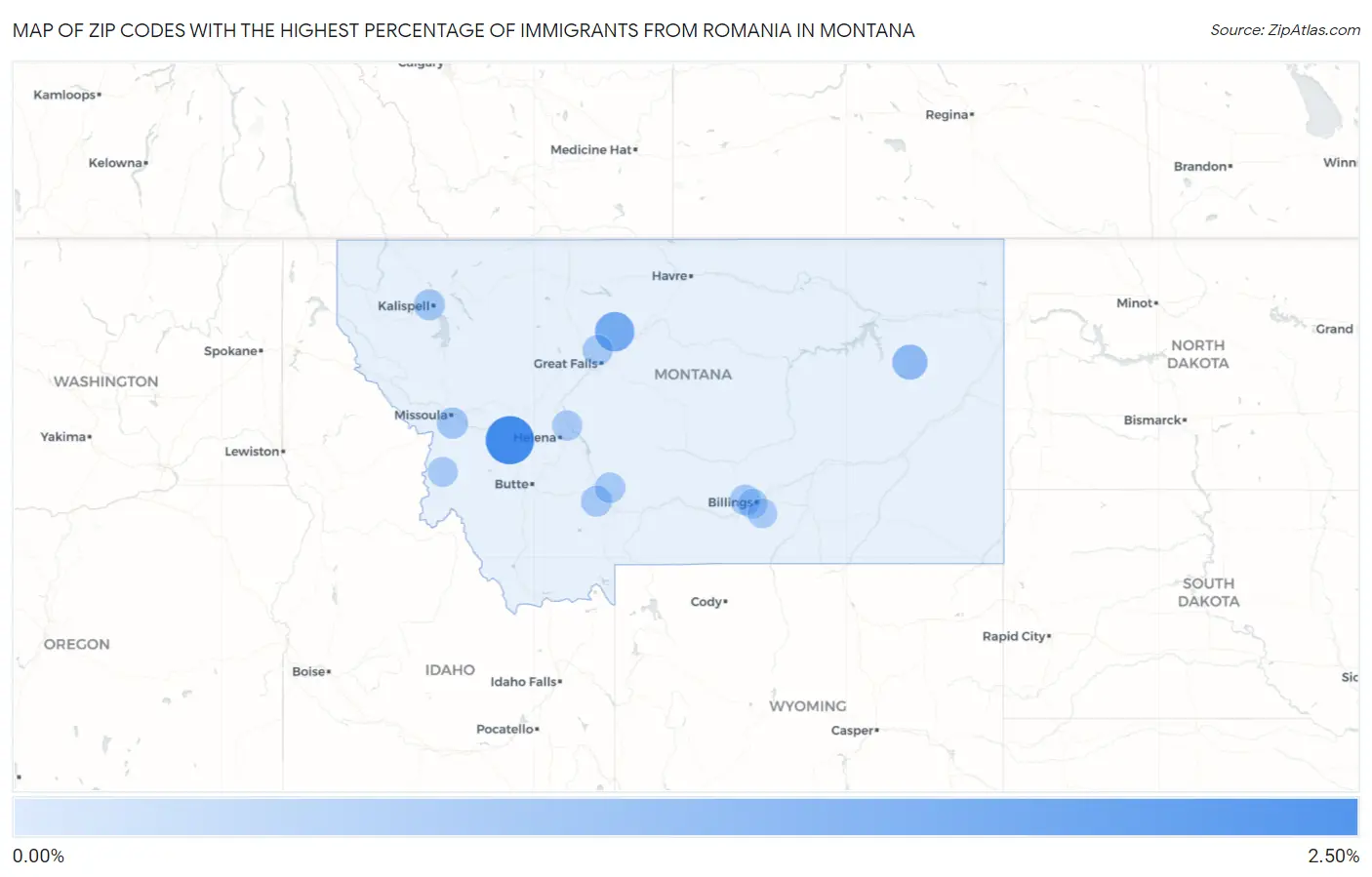 Zip Codes with the Highest Percentage of Immigrants from Romania in Montana Map