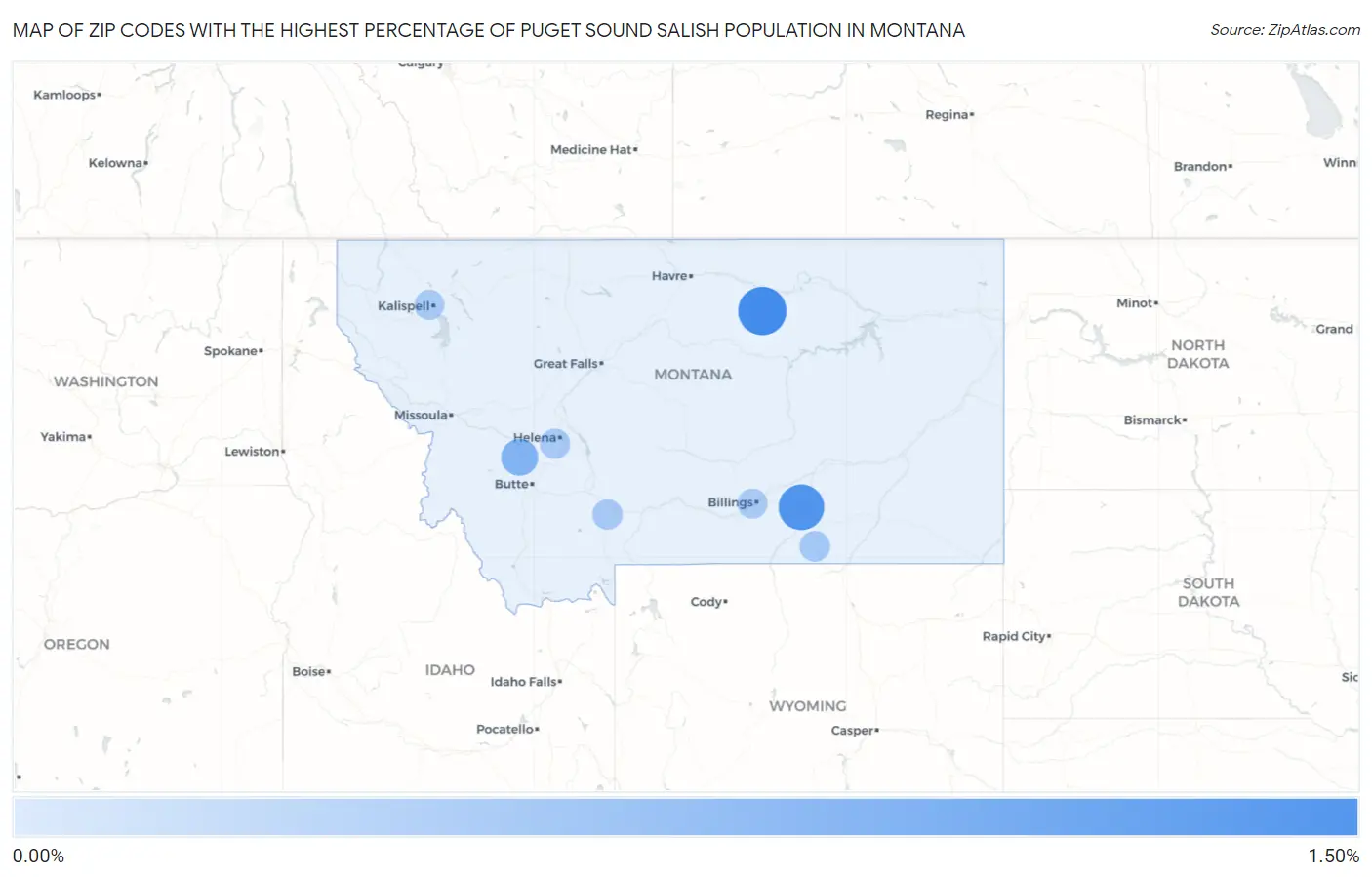 Zip Codes with the Highest Percentage of Puget Sound Salish Population in Montana Map