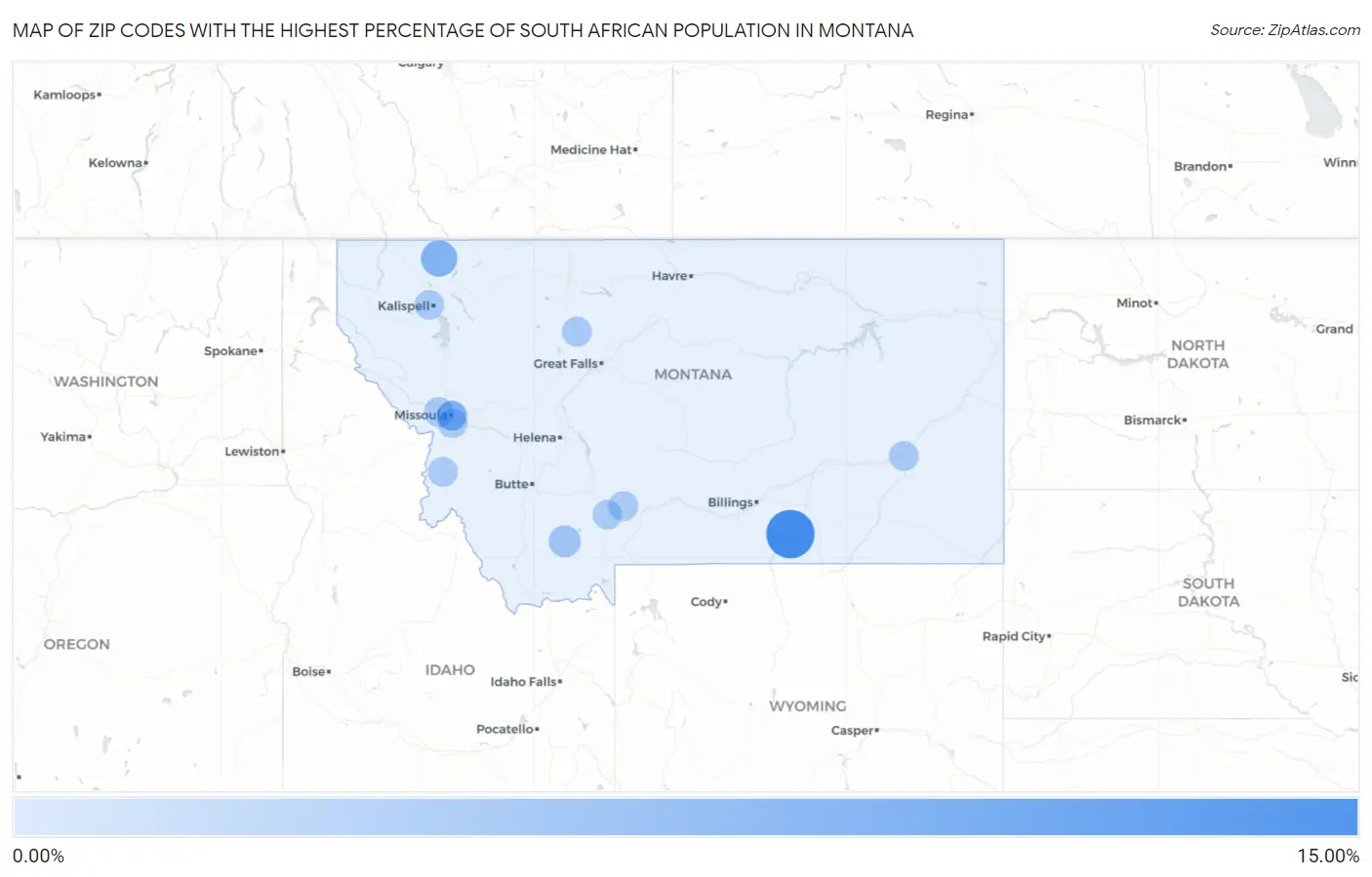 Zip Codes with the Highest Percentage of South African Population in Montana Map