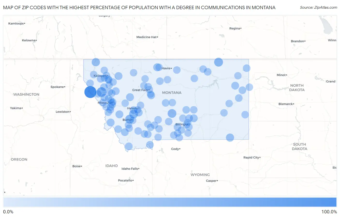 Zip Codes with the Highest Percentage of Population with a Degree in Communications in Montana Map