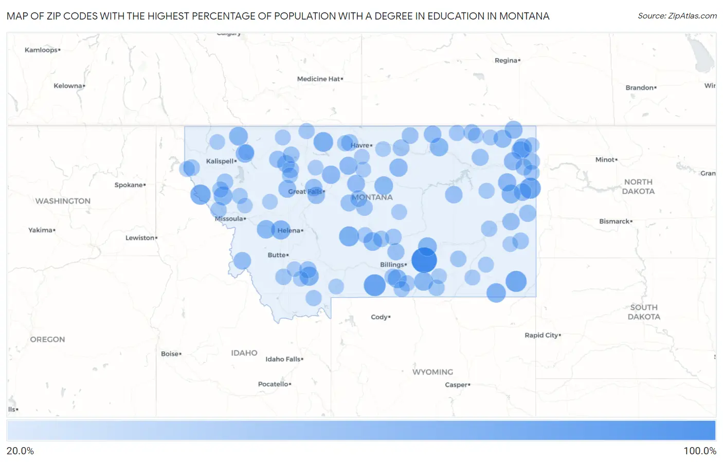 Zip Codes with the Highest Percentage of Population with a Degree in Education in Montana Map