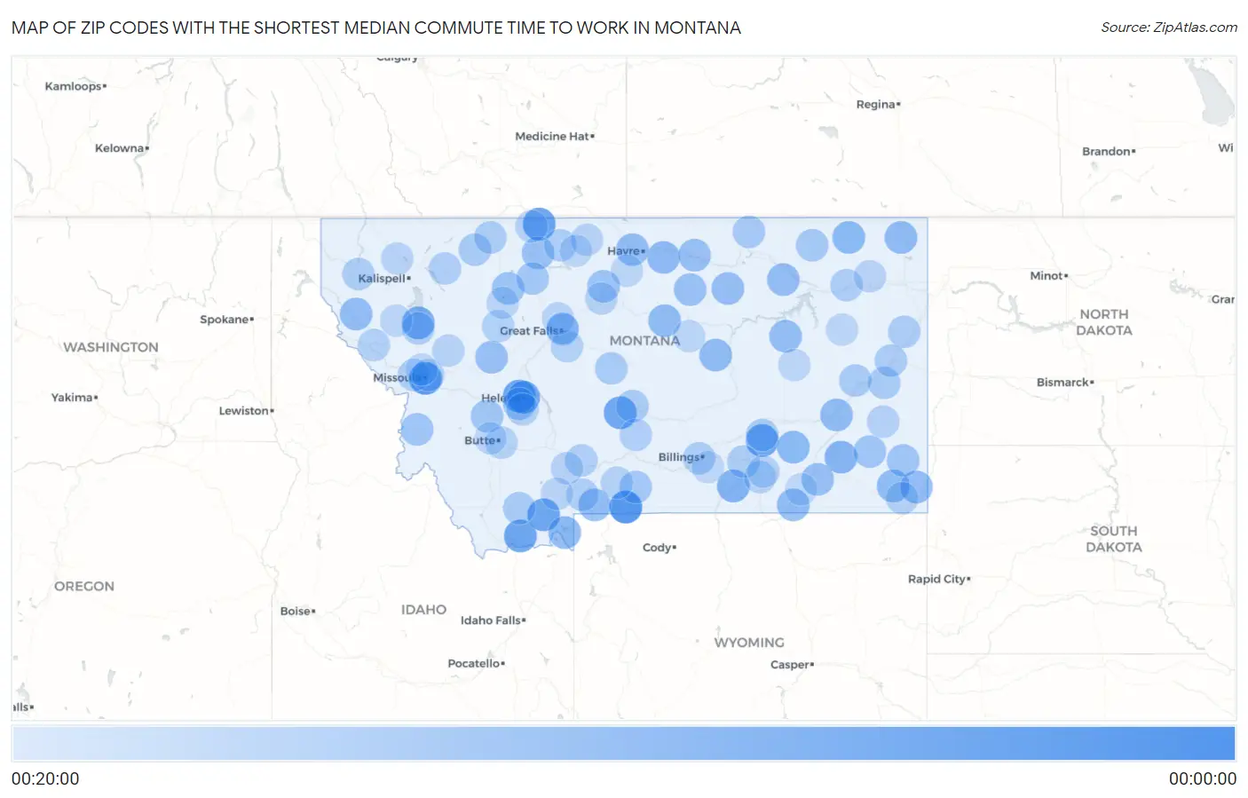 Zip Codes with the Shortest Median Commute Time to Work in Montana Map