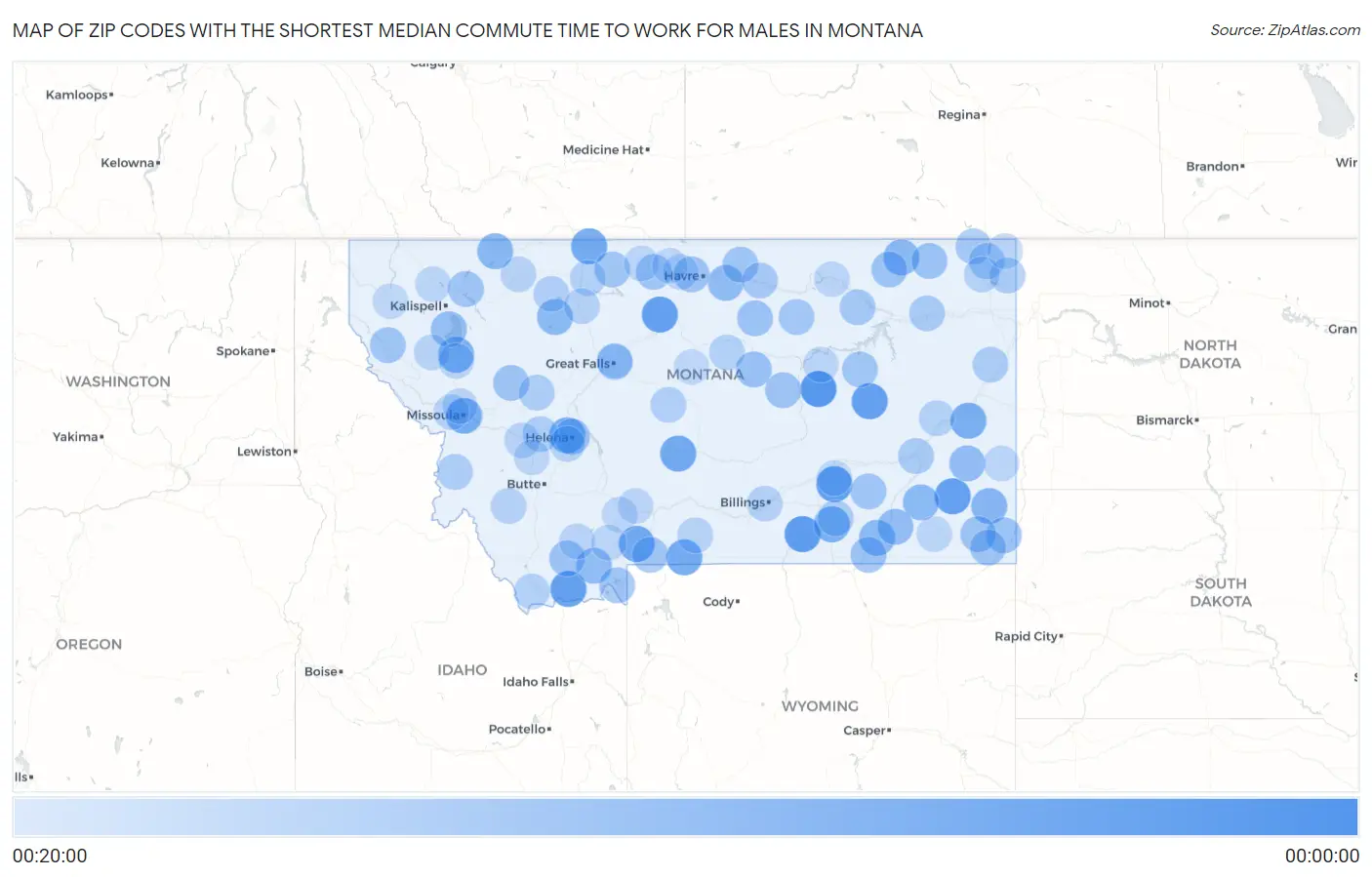 Zip Codes with the Shortest Median Commute Time to Work for Males in Montana Map