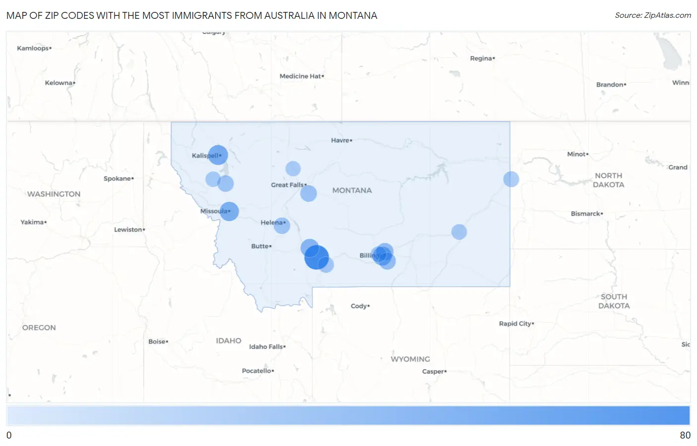 Zip Codes with the Most Immigrants from Australia in Montana Map