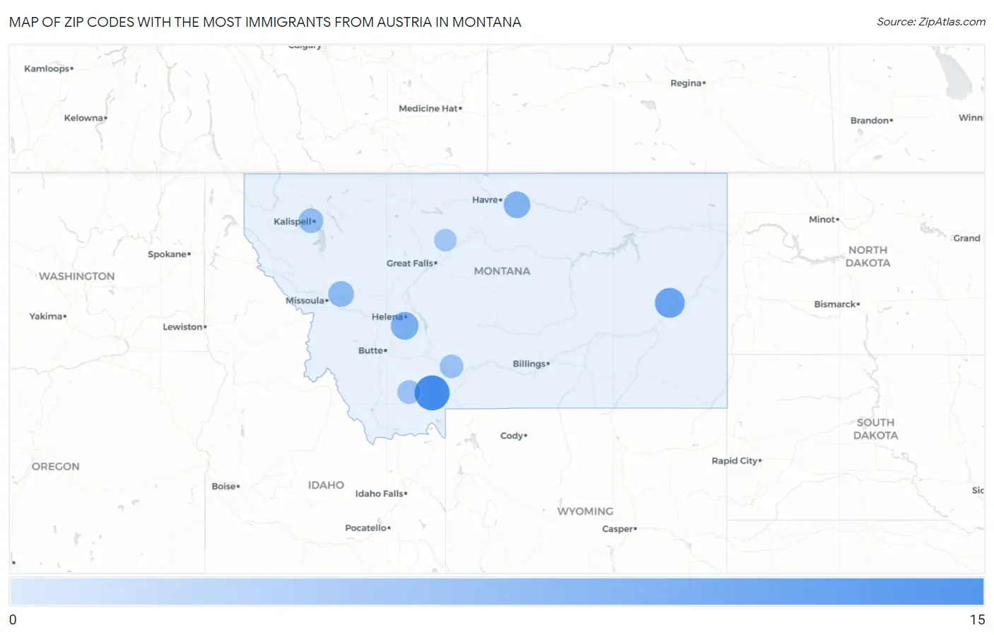 Zip Codes with the Most Immigrants from Austria in Montana Map