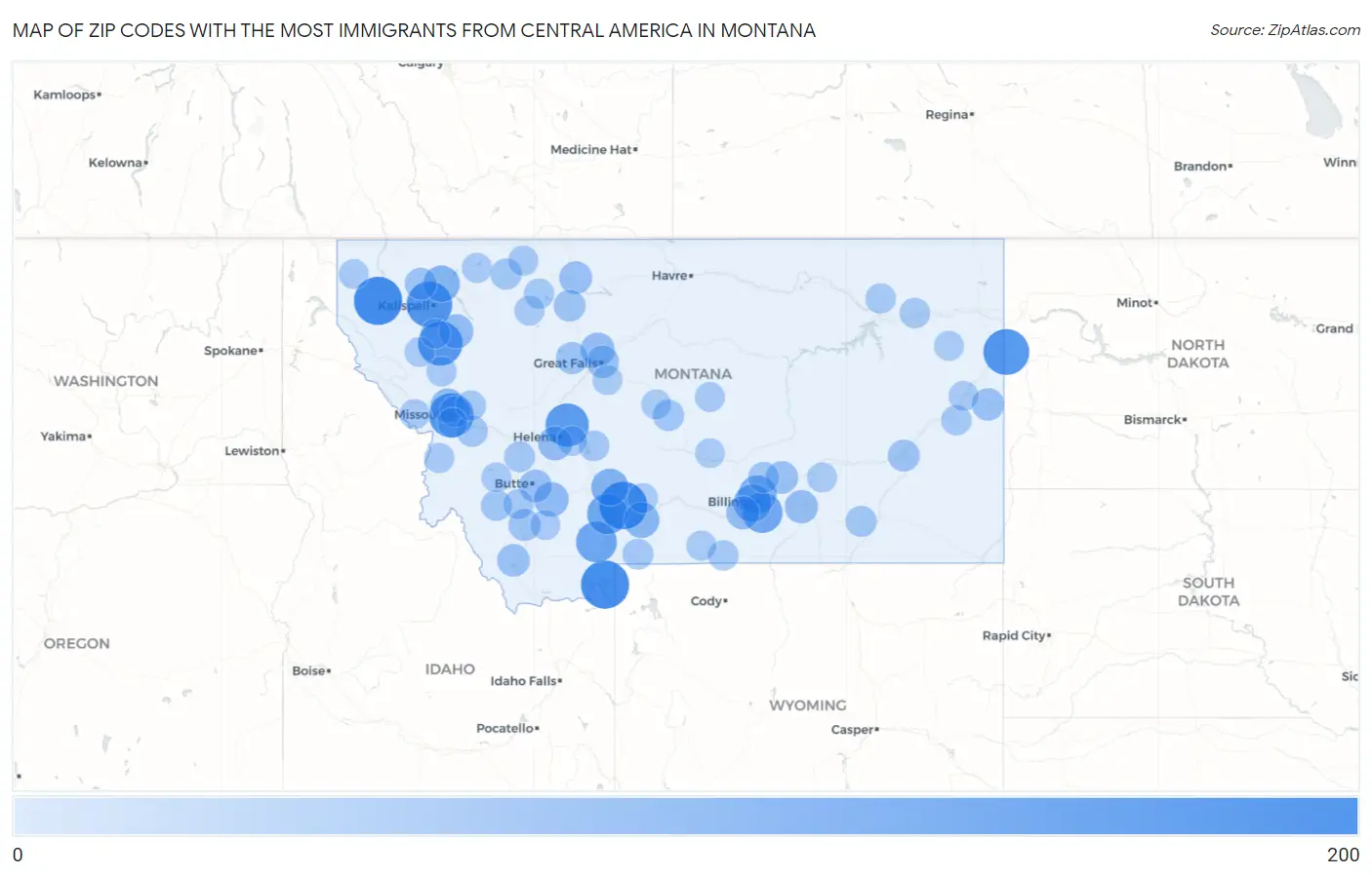 Zip Codes with the Most Immigrants from Central America in Montana Map
