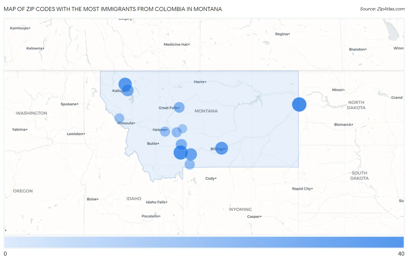 Zip Codes with the Most Immigrants from Colombia in Montana Map