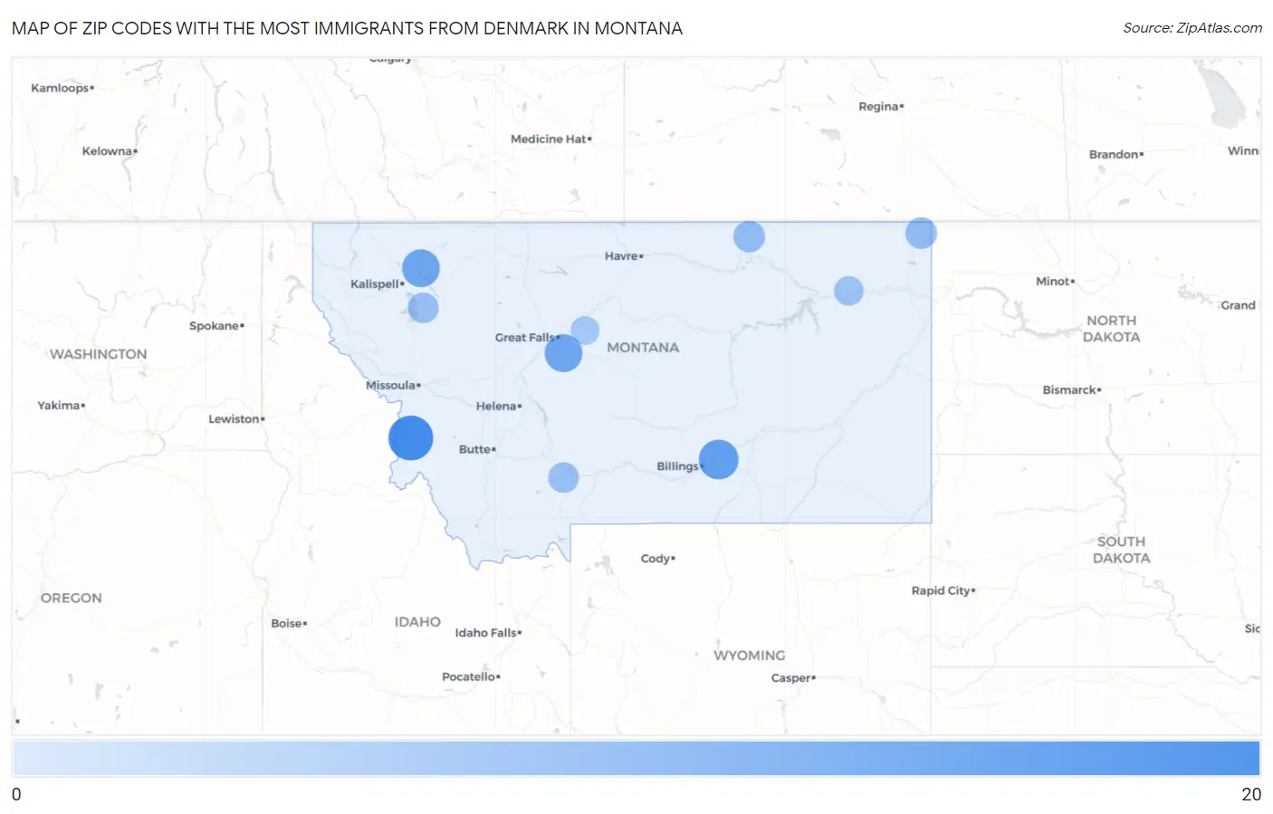 Zip Codes with the Most Immigrants from Denmark in Montana Map