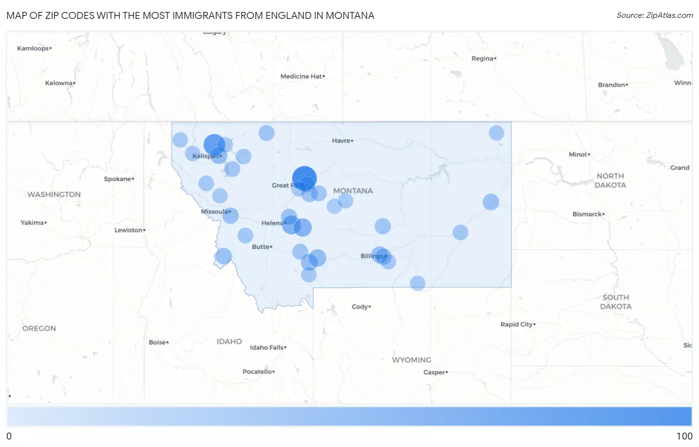 Zip Codes with the Most Immigrants from England in Montana Map