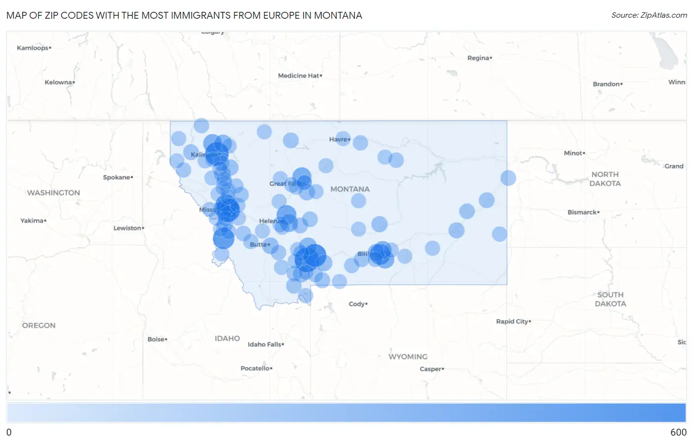 Zip Codes with the Most Immigrants from Europe in Montana Map