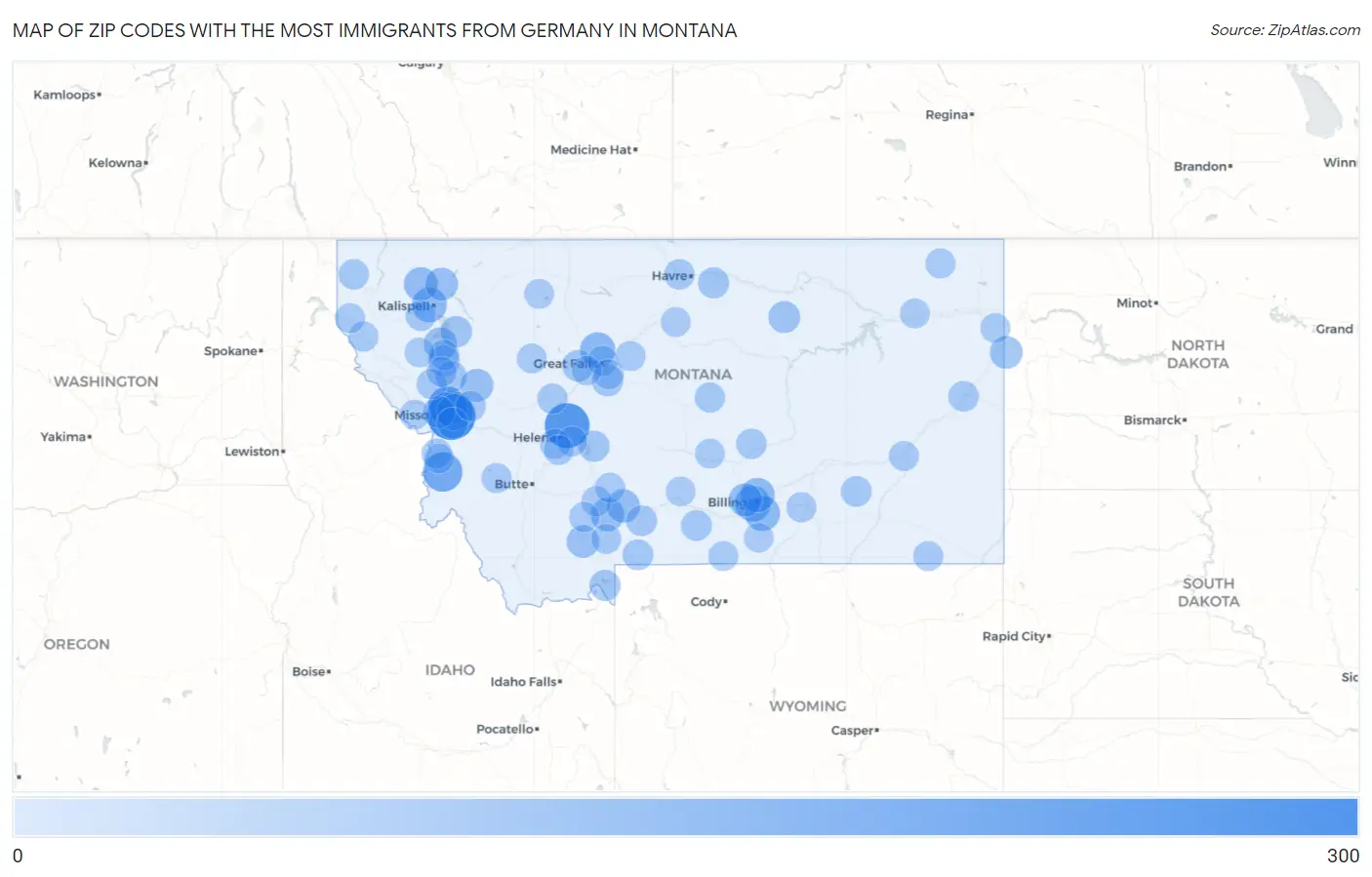 Zip Codes with the Most Immigrants from Germany in Montana Map