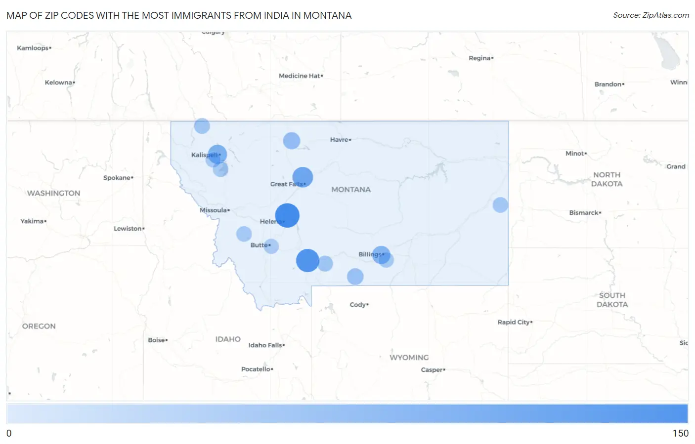 Zip Codes with the Most Immigrants from India in Montana Map