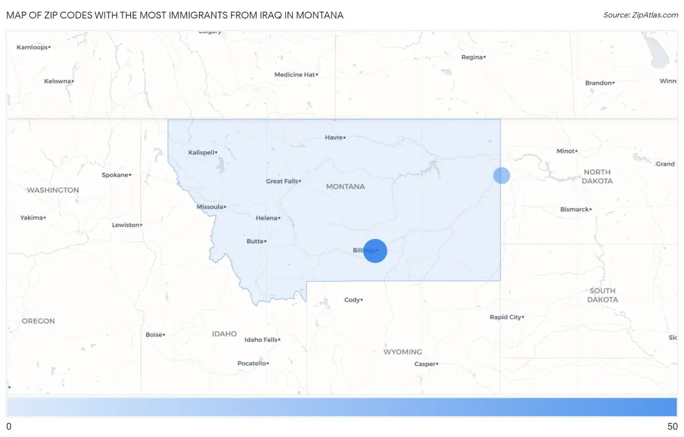 Zip Codes with the Most Immigrants from Iraq in Montana Map