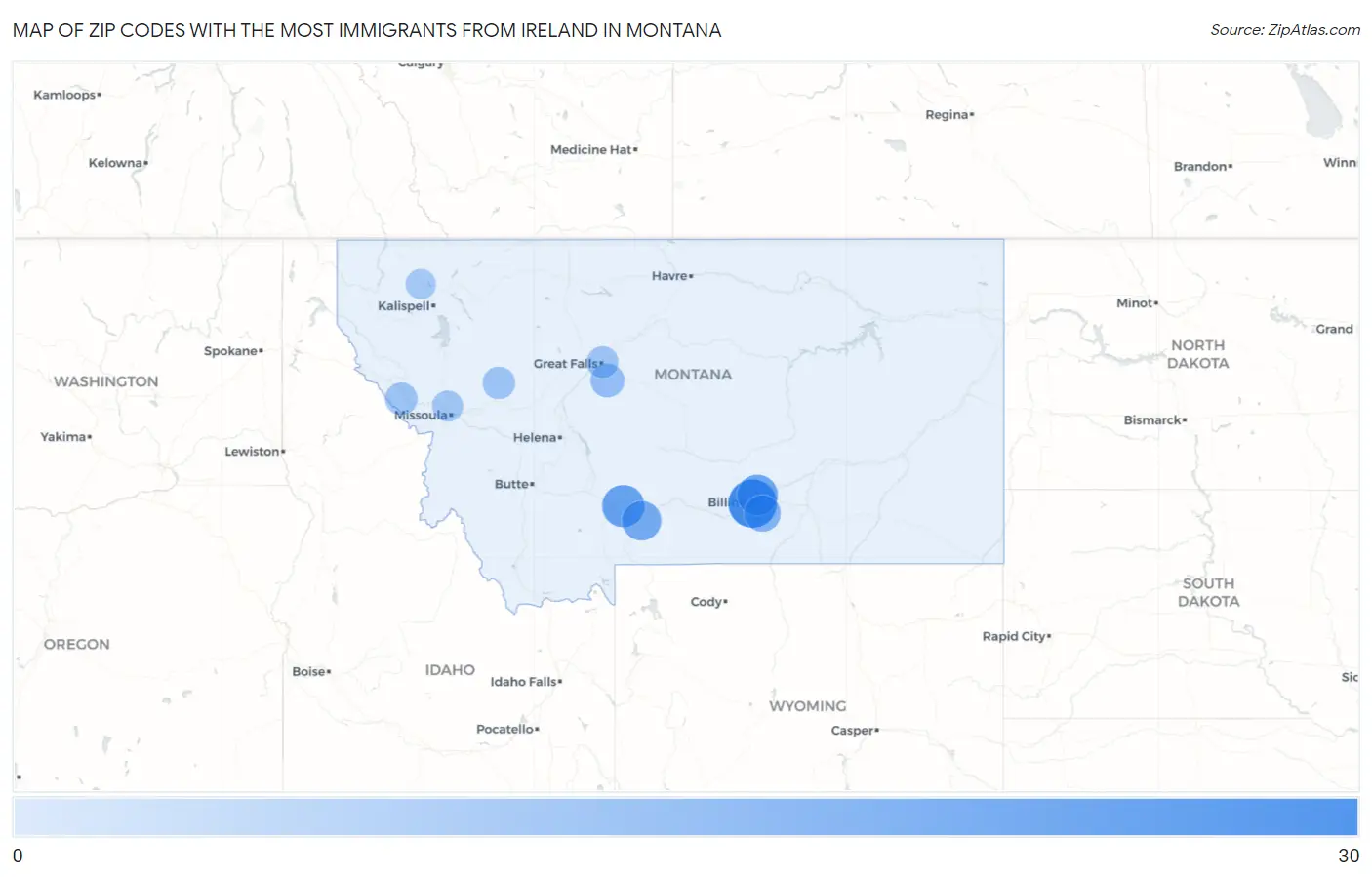 Zip Codes with the Most Immigrants from Ireland in Montana Map