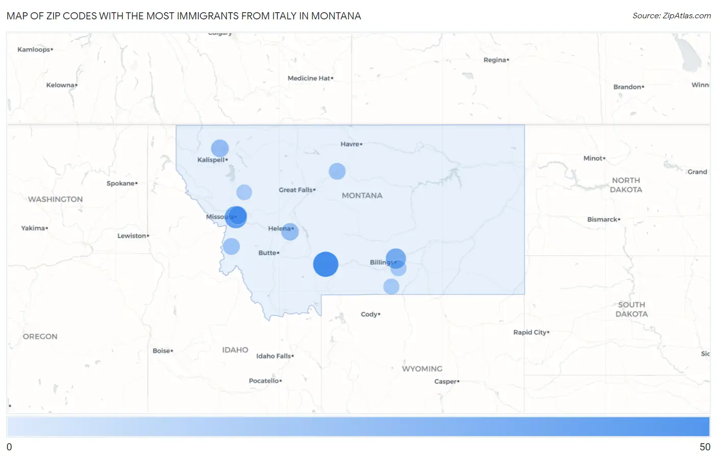 Zip Codes with the Most Immigrants from Italy in Montana Map