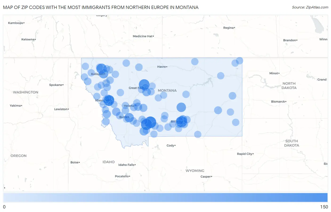 Zip Codes with the Most Immigrants from Northern Europe in Montana Map