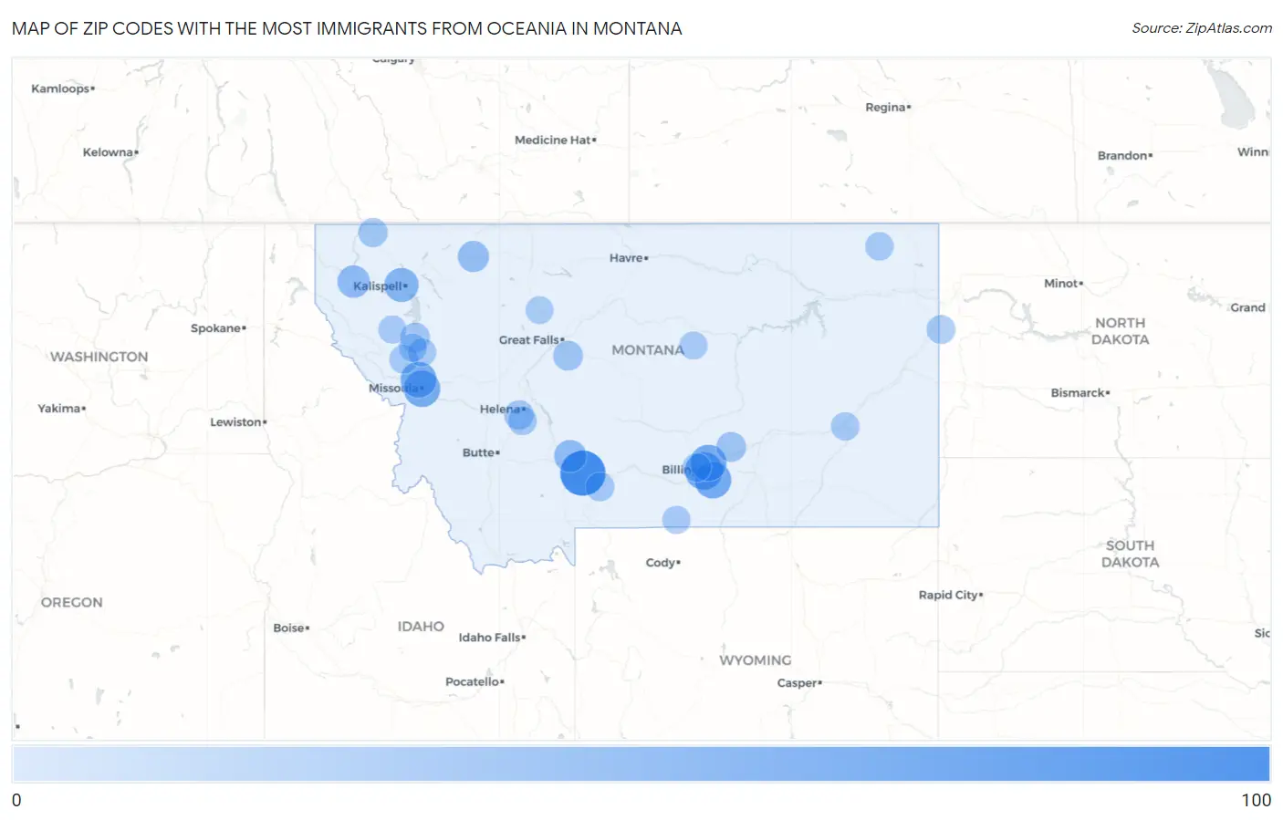 Zip Codes with the Most Immigrants from Oceania in Montana Map