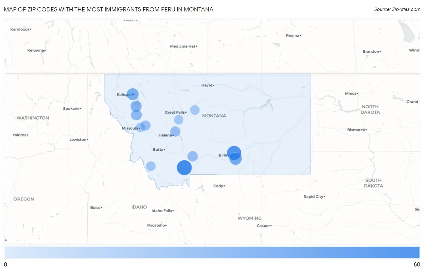 Zip Codes with the Most Immigrants from Peru in Montana Map