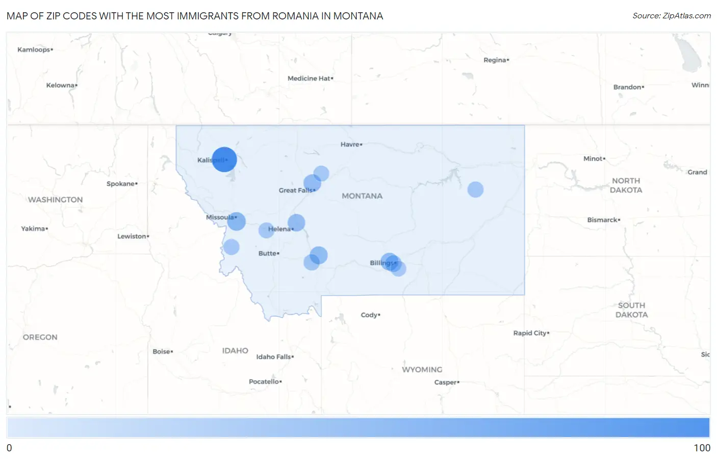 Zip Codes with the Most Immigrants from Romania in Montana Map