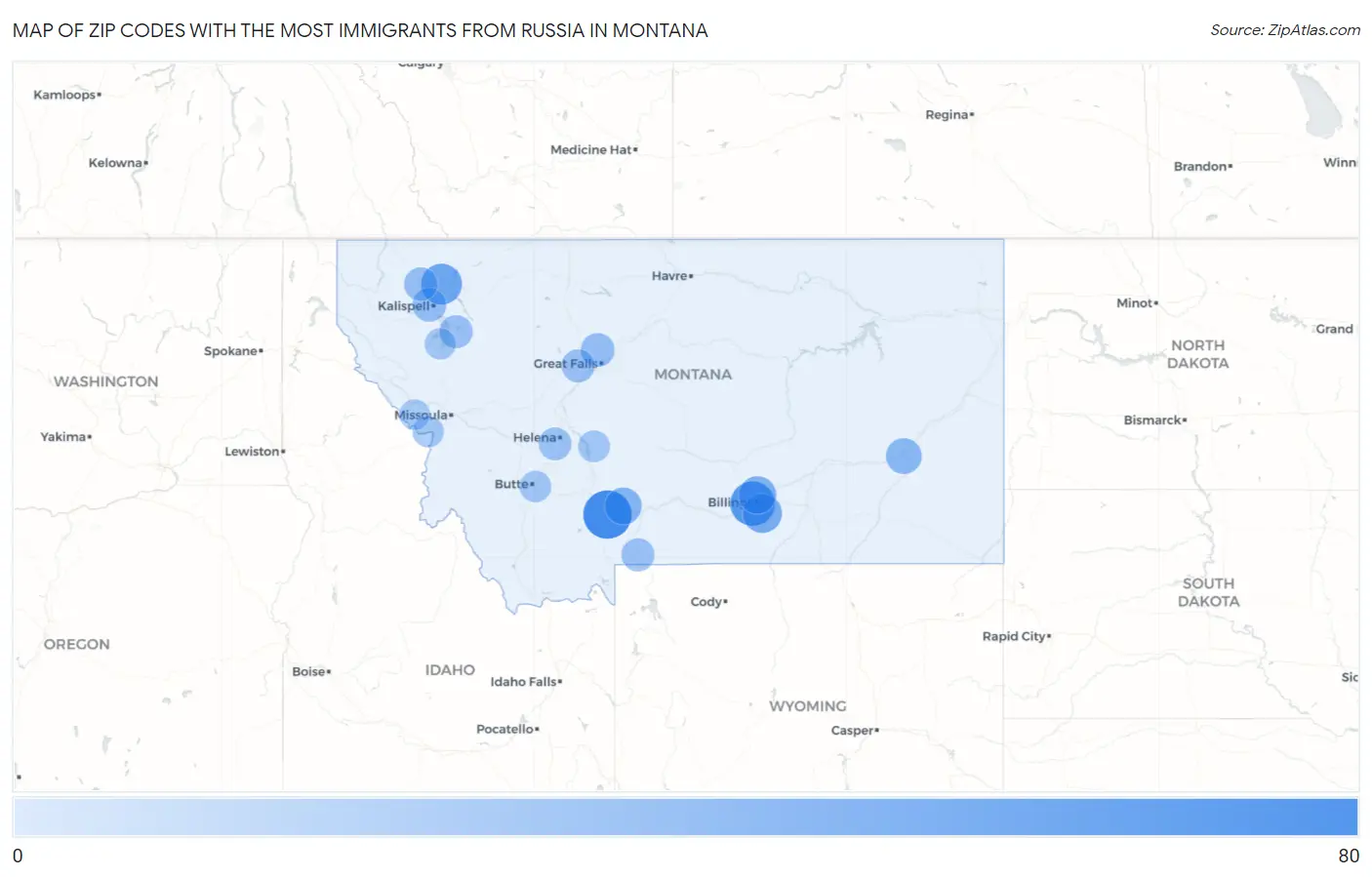 Zip Codes with the Most Immigrants from Russia in Montana Map